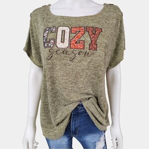 Truself OrganicRound Neck Short Sleeve  Graphic Top With "Cozy Season" Size Xl